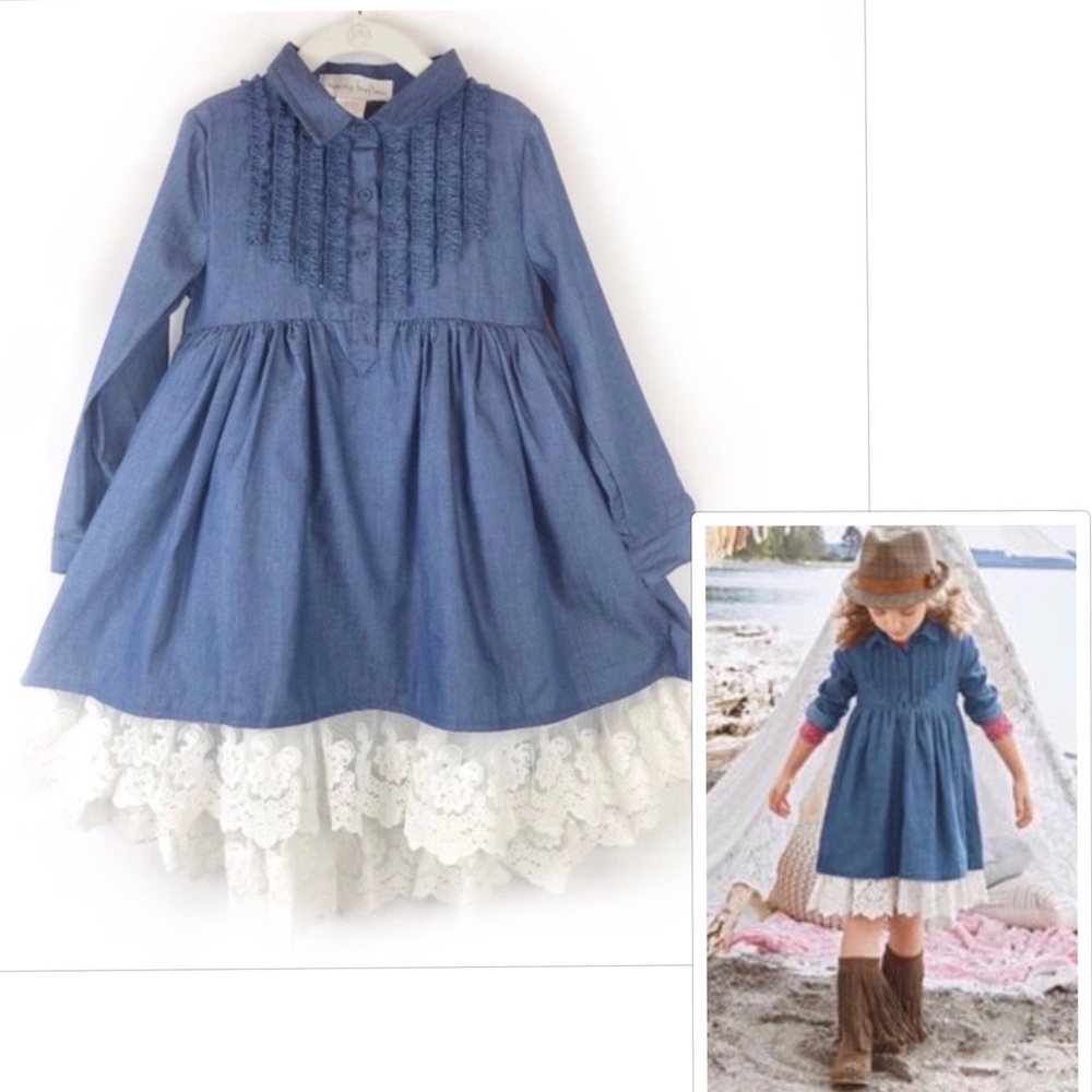NWT Denim Chambray Lace Empire Waist Ruffle Ivory Lace Dress